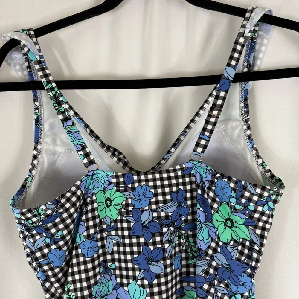 Lands' End Blue Floral Checkered one piece Swimsuit size: 10